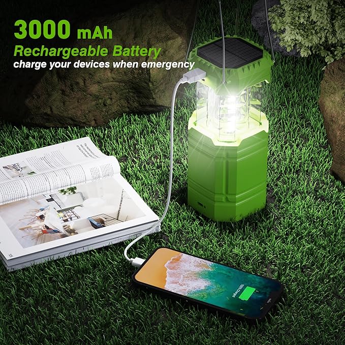 3000 Large Capacity Hand Crank Solar Camping Lantern, Portable Ultra Bright LED Torch, 23-26 Hours Running Time, USB Charger, Electronic Lantern for Outdoor