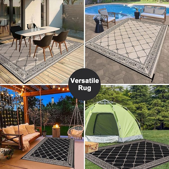Outdoor Rug 8'x10' for Patios Waterproof Patio Rugs Outdoor Mats for Front Porch,Beach Mat,Reversible Plastic Straw Camping Rugs for Outside RV,Deck,Balcony,Backyard，Black&Beige
