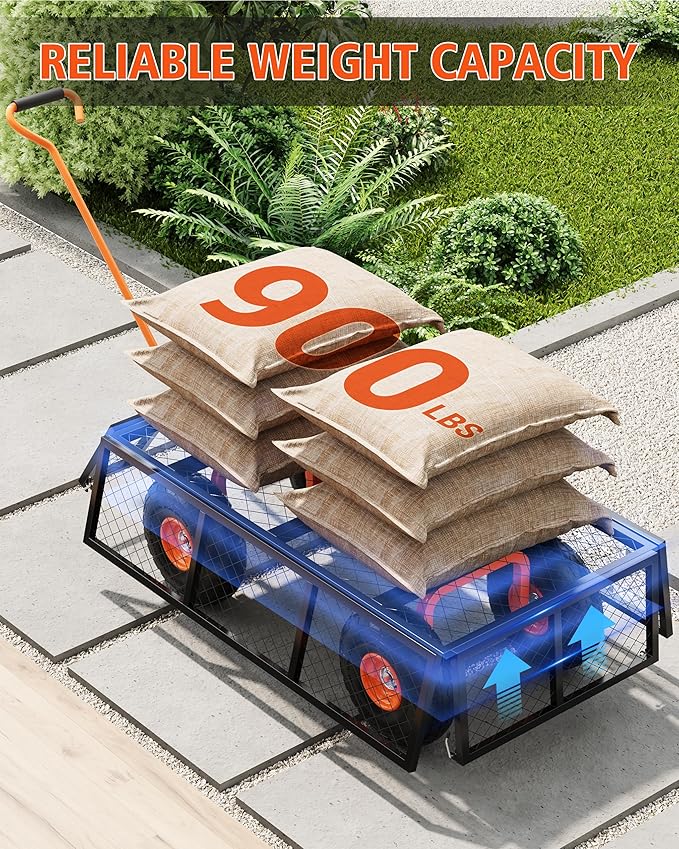 Heavy Duty 900 Lbs Capacity Steel Garden Cart, 3-In-1 Utility Metal Wagon, with Removable Mesh Sides to Convert Into Flatbed, 180° Rotating Handle and 10" Tires