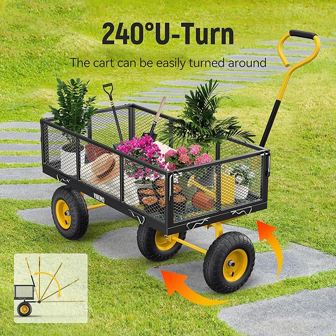 Steel Garden Cart, 2-in-1 900 lbs Heavy Duty Utility Wagon, with Removable Mesh Sides to Convert into Flatbed, 240° U-Turn 10" Pneumatic Tires Garden Wagon for Farm Yard Lawn Garden Camping
