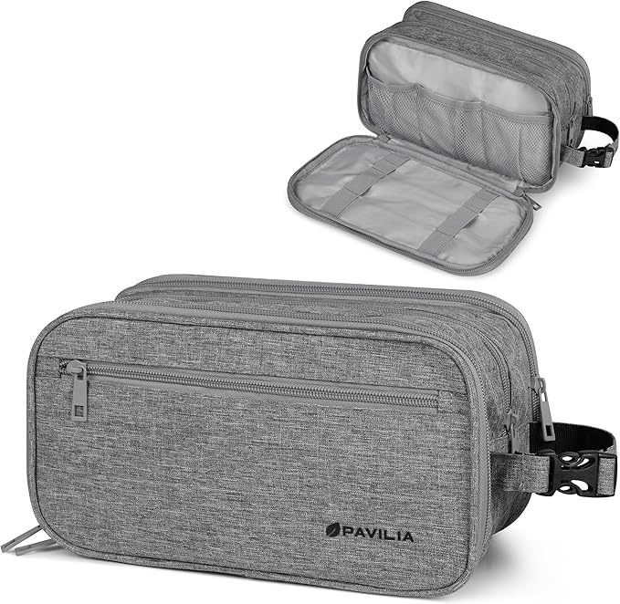 PAVILIA Toiletry Bag for Men, Travel Toiletries Bag | Water-resistant Dopp Kit, PU Leather Shaving Pouch Organizer for Accessories, Cosmetic, Hygiene, Grooming Essentials (Black)