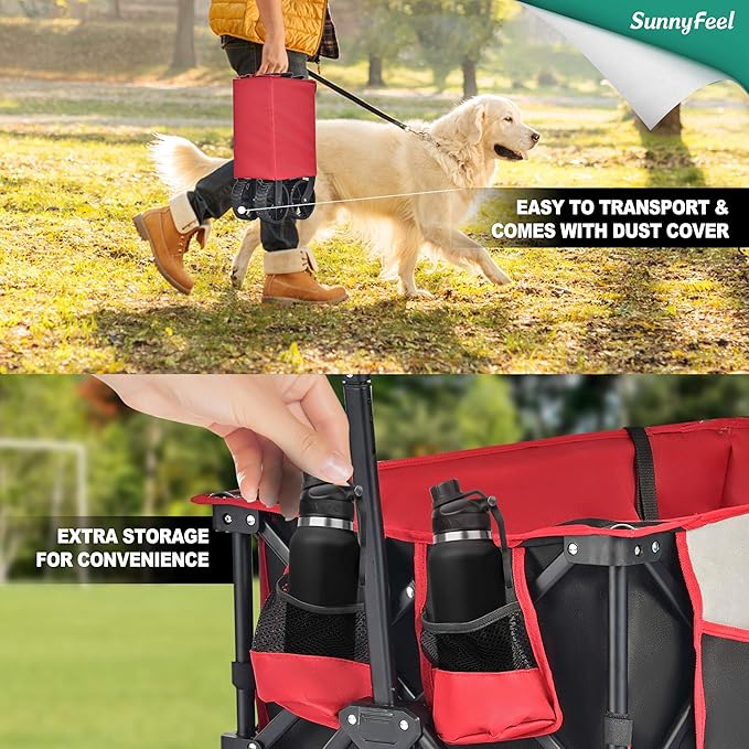SunnyFeel Heavy Duty Collapsible Outdoor Utility Wagon Cart 300LB Capacity Adjustable Handlebar,Foldable Beach Wheels Stable Durable Oxford Fabric for Shopping Garden Camping (Black & Red)