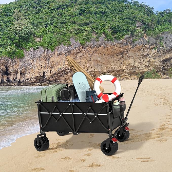 Large Beach Collapsible Wagon Cart with Wheels - Foldable Wagons 260L Heavy Duty 500lbs, Wagon with Big Wheels for Sand Folding Utility Wagons Carts for Sports Shopping Camping