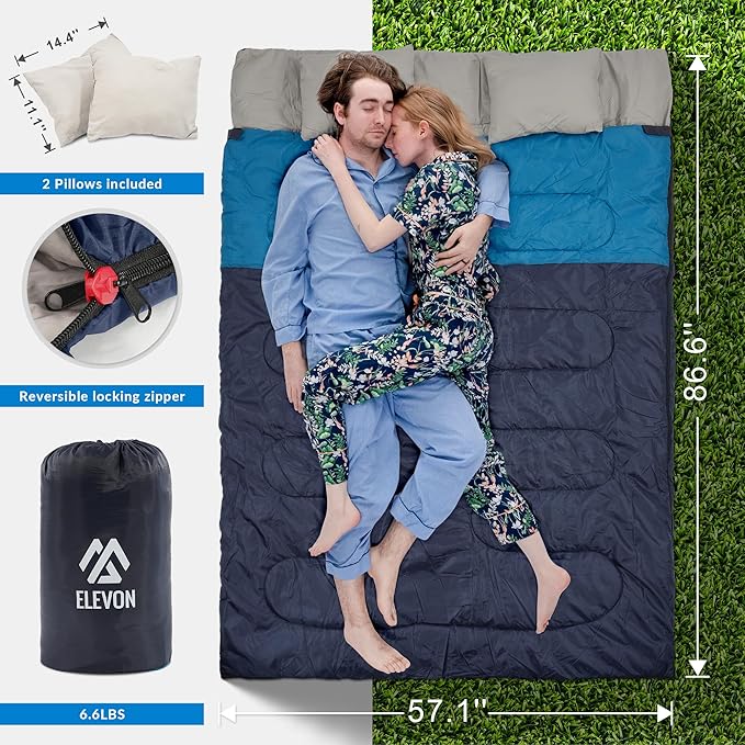 Double Sleeping Bag with 2 Pillows for Adults, Queen Size XL Sleeping Bag Waterproof, Compact with Compression Sack, 2 Person Sleeping Bags for 3-4 Seasons Camping, Backpacking, Hiking, Travel