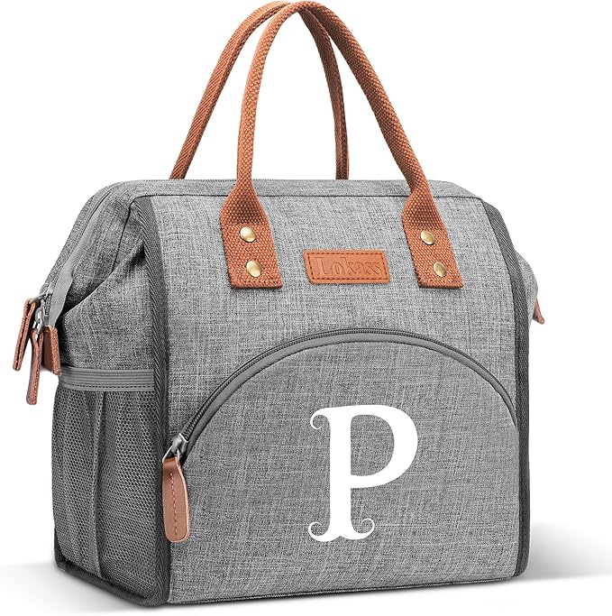 Initial Lunch Bag Women Insulated Lunch Box Wide-Open Lunch Tote Bag Large Drinks Holder Durable Nylon Thermal Snacks Organizer for Work, Travel, Picnic Personalized Gifts for Women/Teacher
