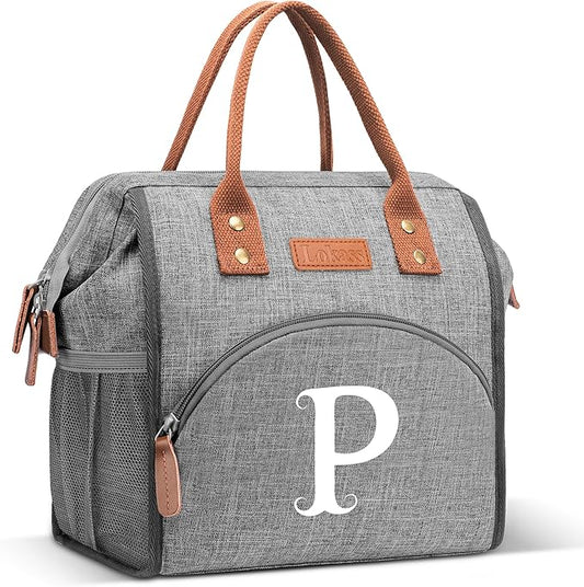 Initial Lunch Bag Women Insulated Lunch Box Wide-Open Lunch Tote Bag Large Drinks Holder Durable Nylon Thermal Snacks Organizer for Work, Travel, Picnic Personalized Gifts for Women/Teacher