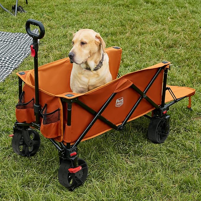 TIMBER RIDGE 47" L Collapsible Wagon with Tailgate & Brake, 300lbs Heavy Duty Beach Wagon with All-Terrain Big Wheels, 250L Foldable Utility Cart for Sand Camping Sports Shopping, Orange