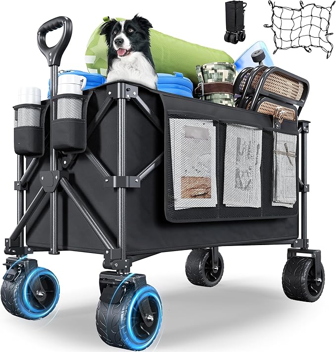 YITAHOME 300Lbs Large Collapsible Foldable Wagon, Heavy Duty Beach Wagon Cart Utility Wagon with 3.2in Wide Big All Terrain Wheels, Side Pocket, Cup Holder, Cover for Sports, Shopping, Camping - Black