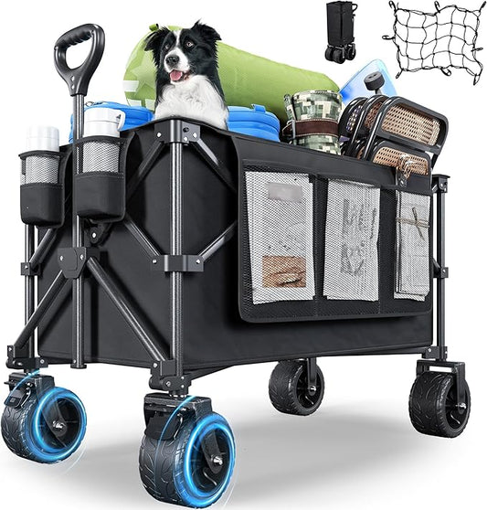 YITAHOME 300Lbs Large Collapsible Foldable Wagon, Heavy Duty Beach Wagon Cart Utility Wagon with 3.2in Wide Big All Terrain Wheels, Side Pocket, Cup Holder, Cover for Sports, Shopping, Camping - Black