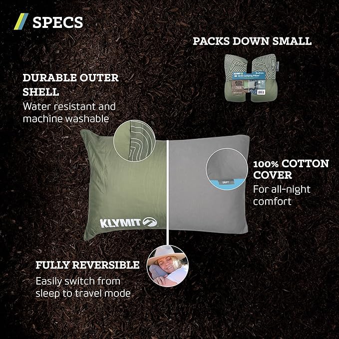 Klymit Drift Camping Pillow, Shredded Memory Foam Travel Pillow with Reversible Cover for Outdoor Use, Green, Large