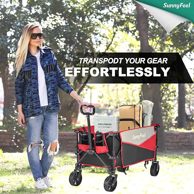 SunnyFeel Heavy Duty Collapsible Outdoor Utility Wagon Cart 300LB Capacity Adjustable Handlebar,Foldable Beach Wheels Stable Durable Oxford Fabric for Shopping Garden Camping (Black & Red)