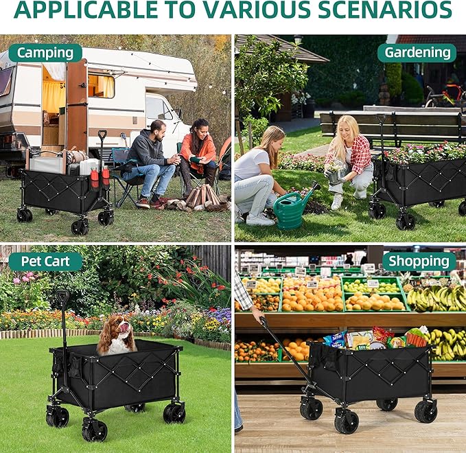 YITAHOME Collapsible Foldable Wagon, 183L Capacity Heavy Duty Utility Wagons Carts with Big Wheels and Brakes Portable for Outdoor Sand Beach Shopping Camping Garden Lounge Grocery Cart Stroller Wagon