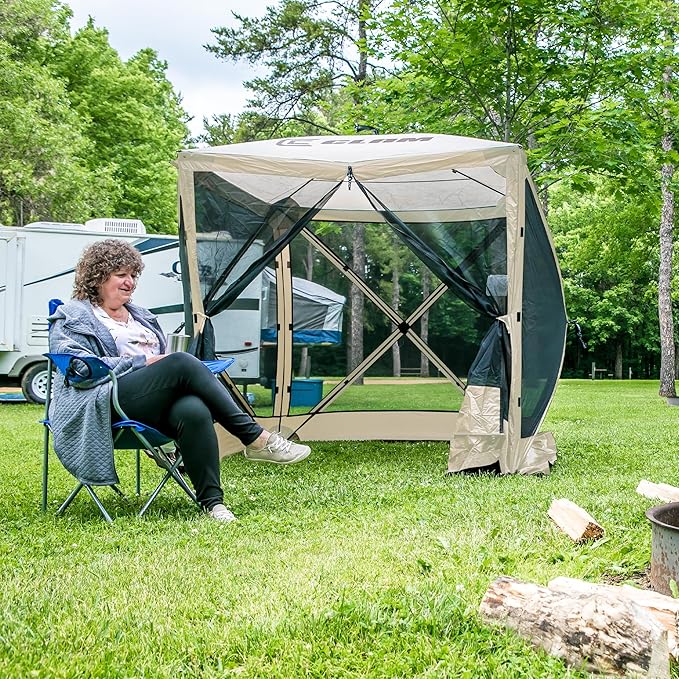 CLAM Pop Up Screen Tent, Outdoor Camping Gazebo Canopy, Traveler, 6' x 6', Tan