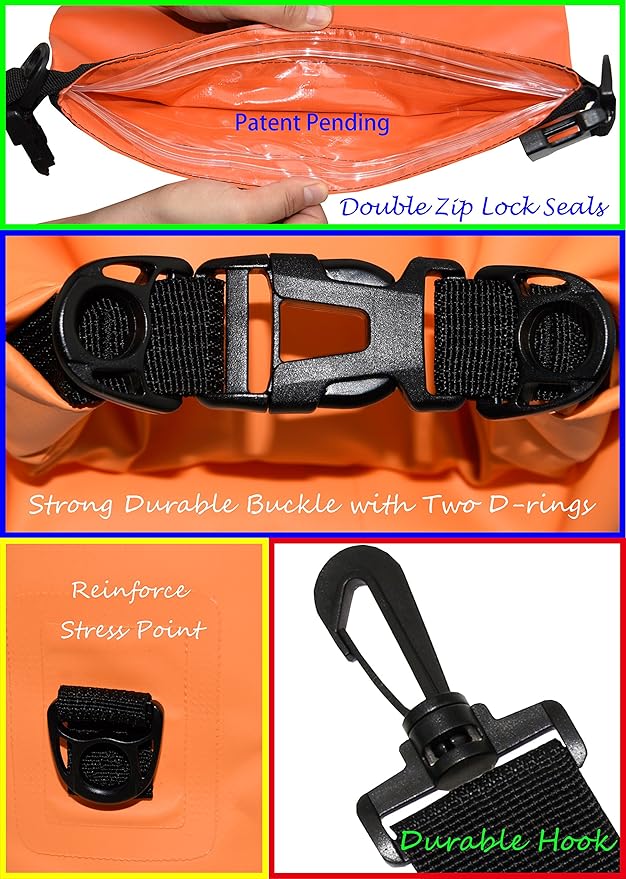 Waterproof Dry Bags Set of 3 Dry Bag with 2 Zip Lock Seals & Detachable Shoulder Strap, Waist Pouch & Phone Case - Can Be Submerged Into Water - for Swimming (Orange, 5L)