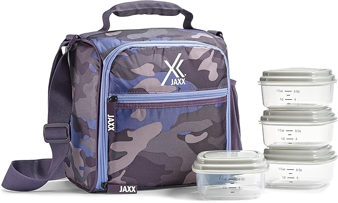 Fit & Fresh JAXX Meal Prep Lunch Box With Container For Men and Women, 5pc. Meal Prep Kit Lunch Bag With Containers Included, Camo Plum