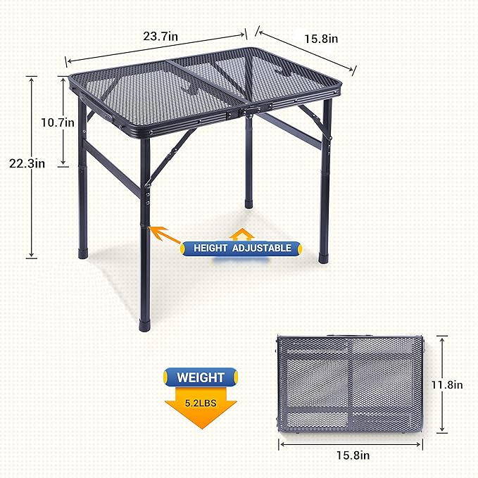 Nice C Table for Grill, Outdoor Table, Camping Table, Outdoor Cooking Table, Picnic Tables, Card Table Adjustable Height, Mesh Bag, Carry Handle (47.3” x 23.7“ x 14.7”/24.2“ Black)