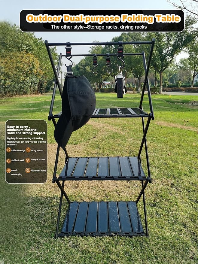 Portable Collapsible Table 3Tier Storage Racks Dual Purpose Folding Lightweight Aluminum Roll Up Large 3ft for Indoor Outdoor Picnic Backyard Camp Kitchen