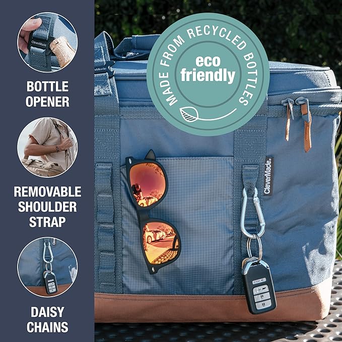 CleverMade Collapsible Insulated Cooler Bag – 30 Can Leakproof Soft Cooler for Beach, Travel, Car – Shoulder Strap, Bottle Opener – Ocean