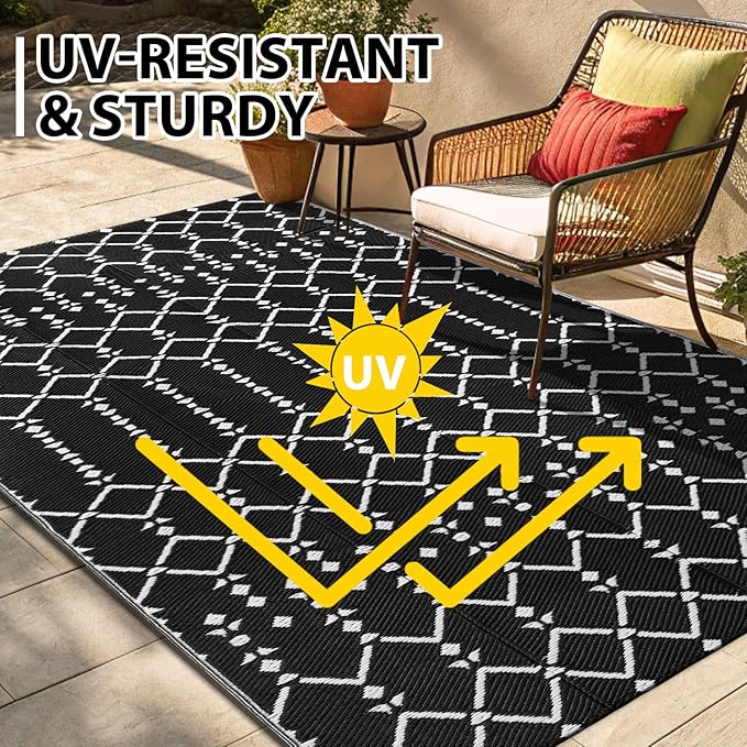 Smiry Outdoor Rug 9x12 ft, Waterproof Reversible Plastic Straw Rugs, Boho Outdoor Area Rug, Outside Floor Mat for Patio, Backyard, Deck, Picnic, Beach, Camping, Black