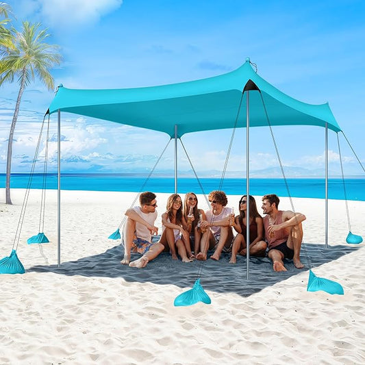 Beach Tent Sun Shelter, UPF50+ Beach Tent Canopy with 8 Sandbags & 4 Stability Poles, 10 x 10 FT Beach Canopy Tent Sun Shade, Outdoor Beach Tent for Beach Camping Fishing, Light Blue