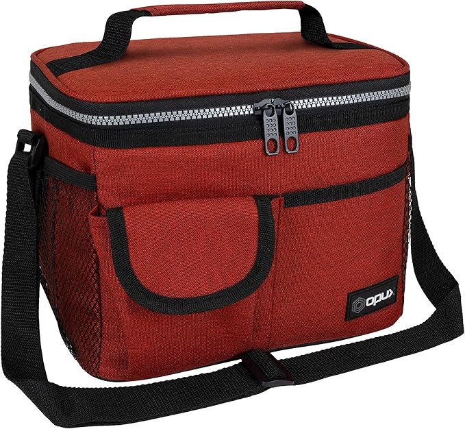 opux Insulated Lunch Bag for Men Women, Leakproof Heather Red Lunch Box for Work, Portable Soft Lunch Cooler Bag with Shoulder Strap, Adult Lunchbox Lunch Pail for Kid Boy Girl School, 14 Can/8L