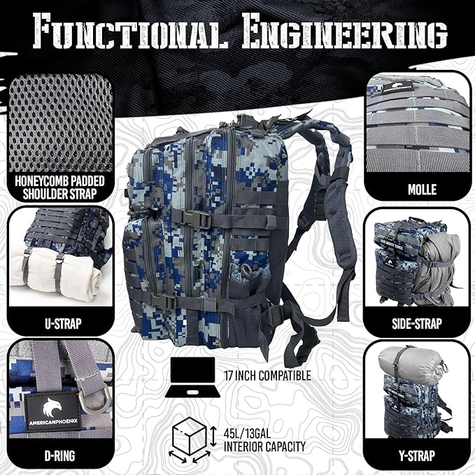 45L Elite Tactical Backpack | 3X Stronger Work & Military Backpack | Water Resistant and Heavy Duty | 3 Day MOLLE Bug Out Bag (Blue Jay)