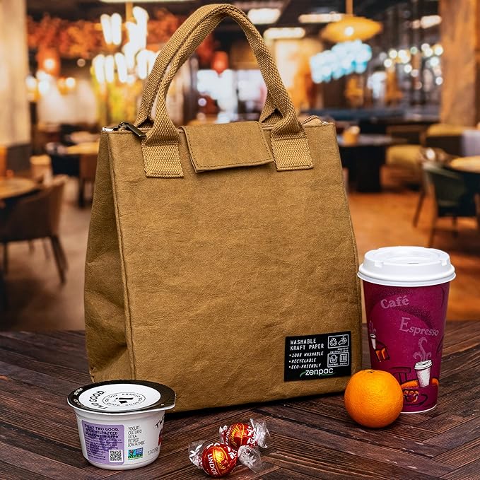 ZENPAC Brown Insulated Lunch Bags with Handles, Washable Kraft Luchbox for Men, Women, Water Resistant Cooler for Beverages, Work, School, 8.5x5.5x9.5