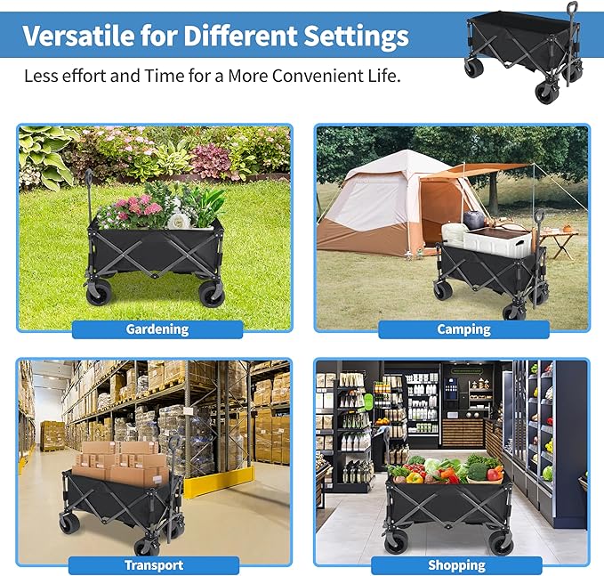 Beach Cart with 7 inch All-Terrain Wheels, Wagons Carts Heavy Duty Foldable, Utility Grocery Wagon with Side Pocket for Camping Garden Sports