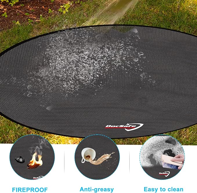 DocSafe 42" Round Fire Pit Mat, 4-Layer Fireproof Under Grill Mat Heat Insulated Indoor Fireplace Pad Protector for Decks,Patios,Grass,BBQ Smoker, Portable Reusable Oil-Proof and Waterproof, Black