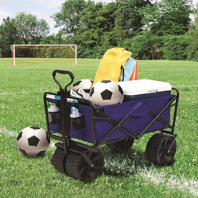 MacSports Heavy Duty Collapsible Folding All Terrain Utility Beach Wagon Cart, Blue/Black