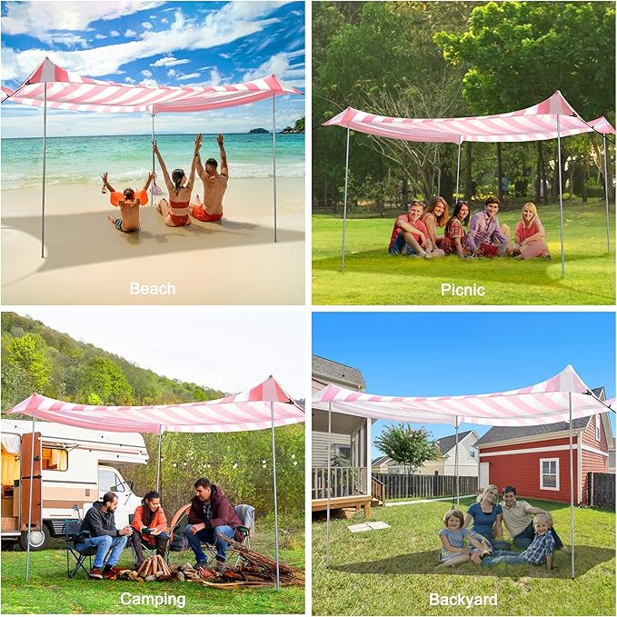 Beach Tent Canopy, UPF 50+ UV Protection Beach Sun Shade, Portable 10×10 FT Large Pop-Up Tent Sun Shelter with Sand Anchors, Ground Pegs, Easy Setup for Camping, Park, and Backyard Fun-Pink Stripe