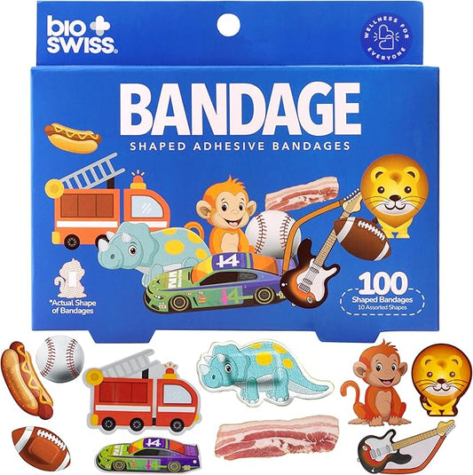 BioSwiss Bandages, Assorted Animal, Fun and Food Shaped Self Adhesive Bandage for Boys, Latex Free Sterile Wound Care, 100 Count