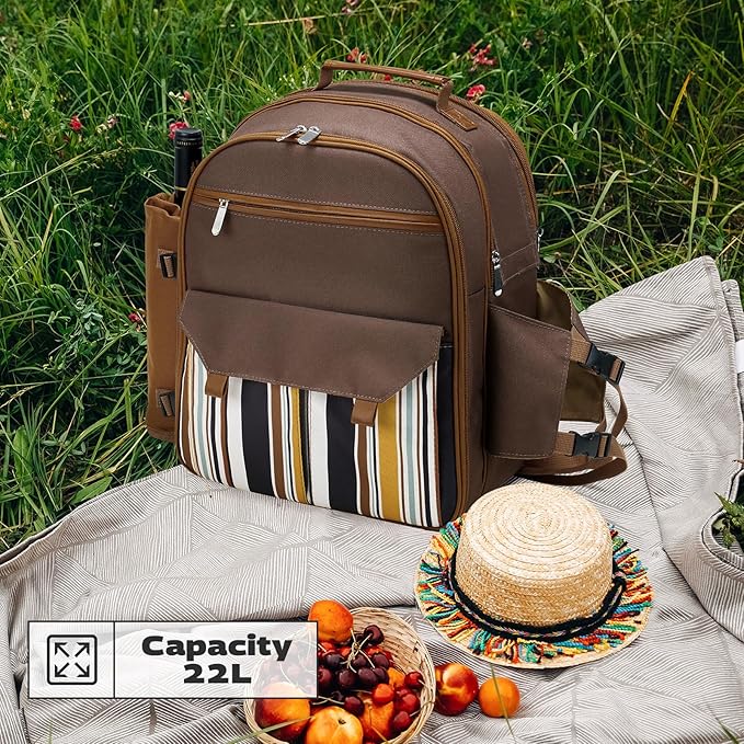 22L Insulated Picnic Basket Leak Proof Picnic Backpack for 2, Brown Camping Gifts, Cool Bridal Shower Gifts for Bride and Groom, Mr and Mrs, Anniversary Engagement Wedding for Newly Engaged Couples