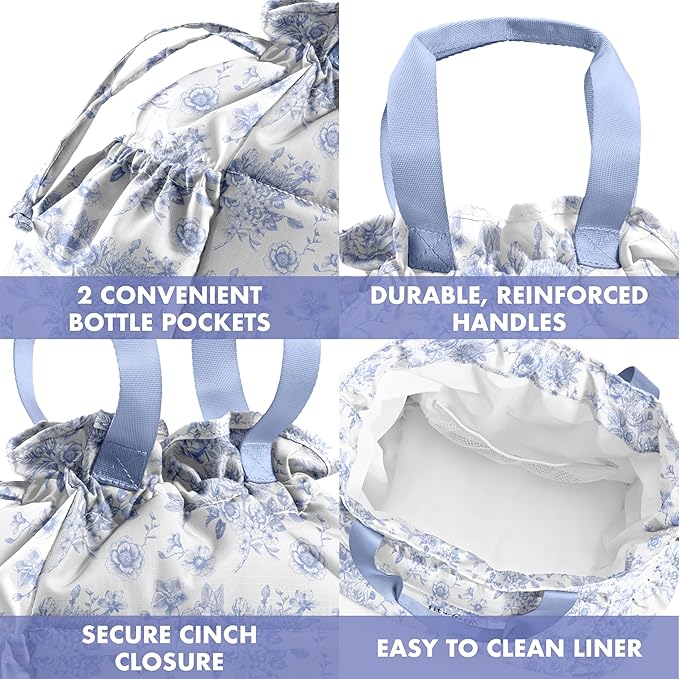 Fit & Fresh Lunch Bag For Women, Insulated Womens Lunch Bag For Work, Stain-Resistant Large Lunch Box For Women With Containers, Cinch Closure Cromwell Bag, Cornflower Floral Toile