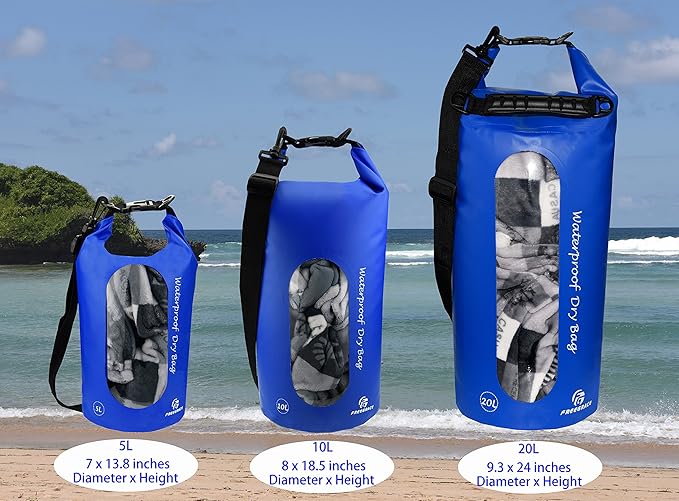 Waterproof Dry Bags Set Of 3 Dry Bag With 2 Zip Lock Seals & Detachable Shoulder Strap, Waist Pouch & Phone Case - Can Be Submerged Into Water - For Swimming (Navy Blue(Window), 10L)