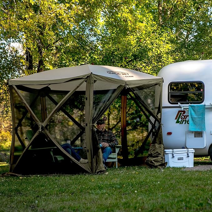 CLAM Pop Up Screen Tent, Outdoor Camping Gazebo Canopy, Venture, 9', Green/Tan