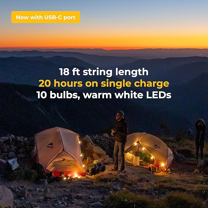 MPOWERD Luci Solar String Lights + Phone Charger: Rechargeable via Solar or USB-C, White 18', 100 Lumens LEDs, Lasts Up to 20 Hours, Waterproof, Camping, Pool/Patio, and Travel