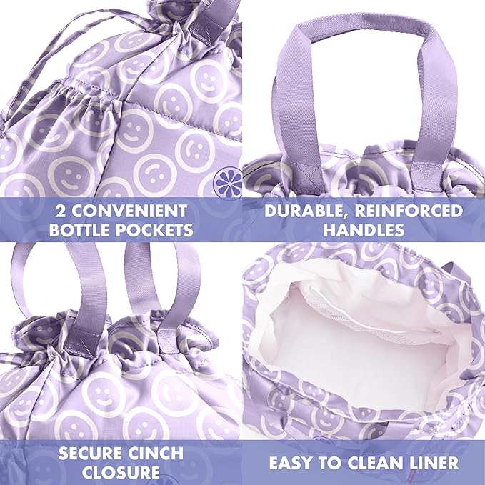 Fit & Fresh Lunch Bag For Women, Insulated Womens Lunch Bag For Work, Stain-Resistant Large Lunch Box For Women With Containers, Cinch Closure Cromwell Bag, All Smiles Lavender