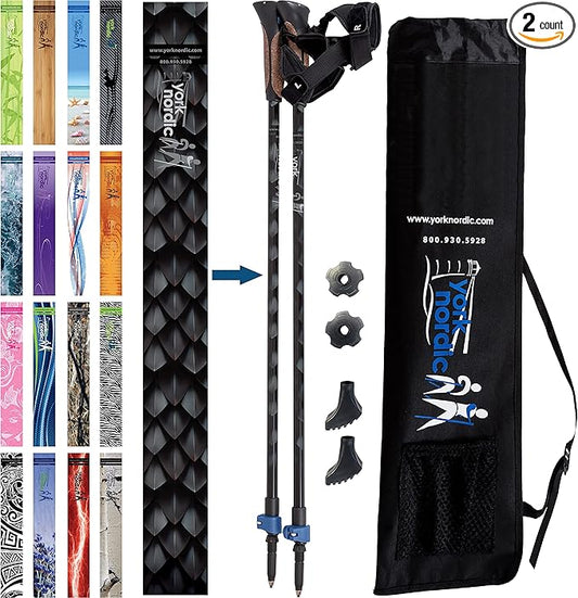 Official Nordic Walking Poles - True Classic Nordic Glove Grips, Lightweight, Adjustable, and Collapsible -2 Pieces w/flip Locks, Detachable Feet and Travel Bag by York Nordic - Heights 5'4"-6'2"