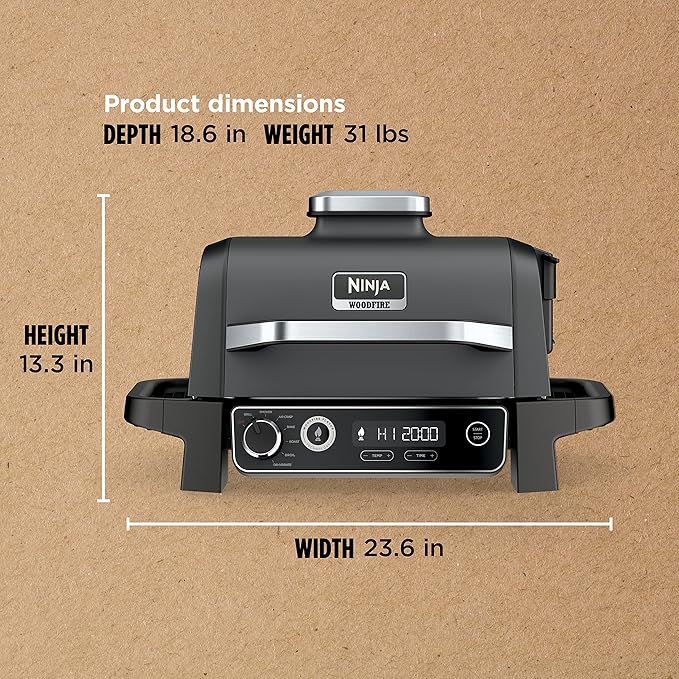 Ninja | Woodfire Series | 7-in-1 (Grill, BBQ, Roast, Air Fry, Dehydrate, Broil, Smoke) | Portable & Weather Resistant | Cook Up To 6 Steaks & 30 Hot Dogs | Woodfire Pellets included | OG701