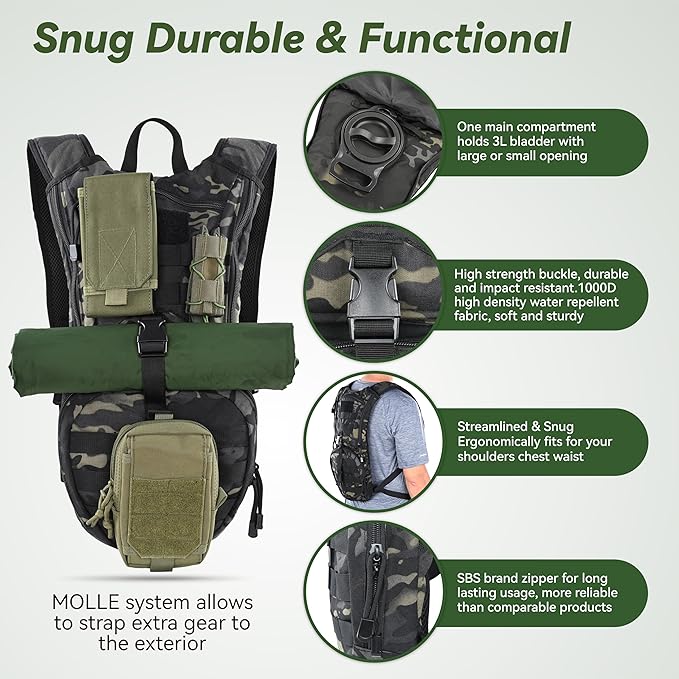 MARCHWAY Tactical Molle Hydration Pack Backpack with 3L TPU Water Bladder, Military Daypack for Cycling, Hiking, Running, Climbing, Hunting, Biking