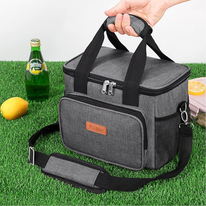 Tiblue Insulated Reusable Lunch Box for Office Work School Picnic Beach, Leakproof Freezable Cooler Bag with Adjustable Shoulder Strap (Medium, Dark Grey)
