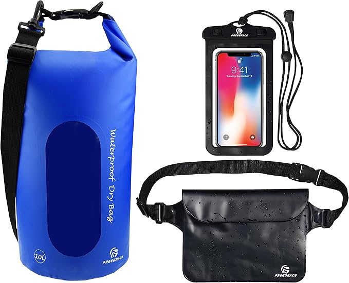 Waterproof Dry Bags Set Of 3 Dry Bag With 2 Zip Lock Seals & Detachable Shoulder Strap, Waist Pouch & Phone Case - Can Be Submerged Into Water - For Swimming (Navy Blue(Window), 5L)