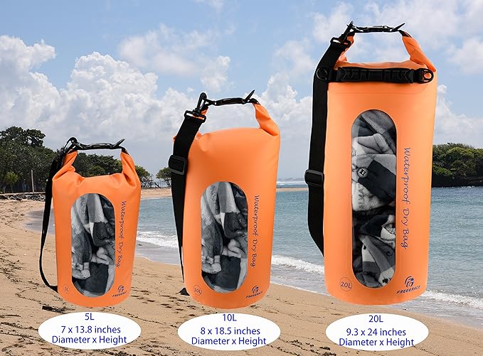 Waterproof Dry Bags Set of 3 Dry Bag with 2 Zip Lock Seals & Detachable Shoulder Strap, Waist Pouch & Phone Case - Can Be Submerged Into Water - for Swimming (Orange(Window), 20L)