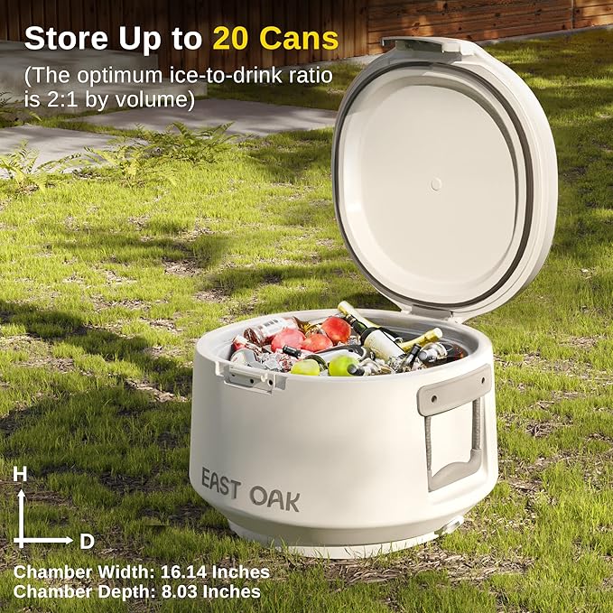 East Oak Hard Cooler 25 QT Round Ice Chest with Drain Plug Insulated Portable Outdoor Cooler for Camping Backyard Party High Capacity 28 Cans, Arctic White