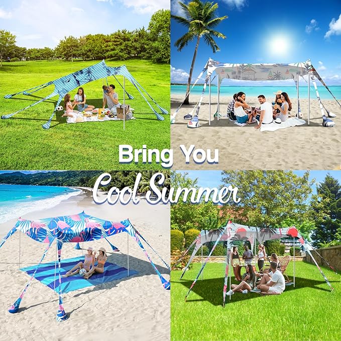 Rhino Valley Beach Tent Sun Shelter, Beach Canopy Tent Sun Shade UPF50+ Protection with 8 Sandbags 4 Stability Poles, Outdoor Beach Shade Canopy for Beach, Camping, Fishing