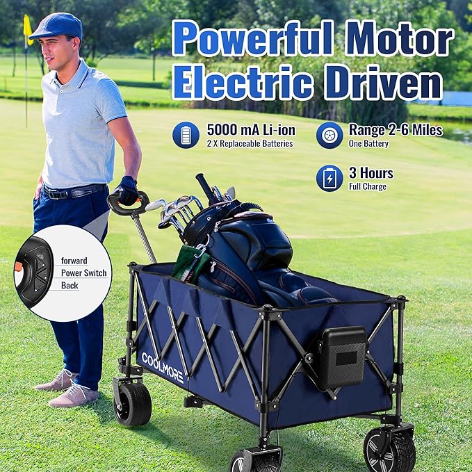 Electric Collapsible Utility Wagons 330lbs Capacity, Carts Foldable with Wheels Brakes Portable for Beach Garden Outdoor Sports Lounge Heavy Duty Shopping Camping Picnic (Blue)