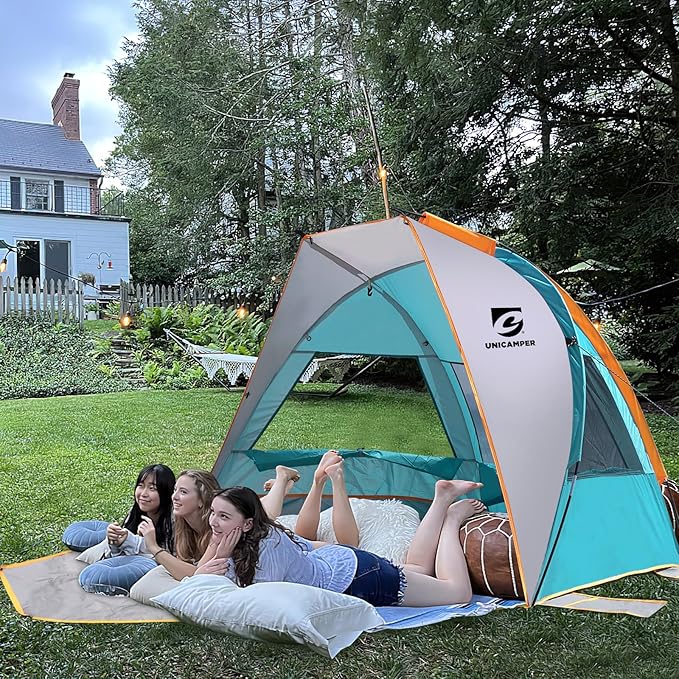 Beach Tent 2-3 Person Sun Shelter UPF 50+ with Extended Waterproof Pe Floor & 3 Mesh Roll Up Windows Fits, Portable Beach Shade Easy Setup for Outdoor Camping, Indoor, Fishing, Yard. (Blue)