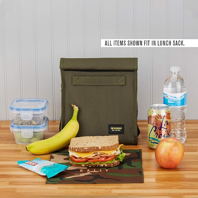 Insulated Lunch Bag for Men and Women; Rolltop Lunch Box with 2 Side Mesh Pockets and 1 Exteral Slip Pocket (Olive)