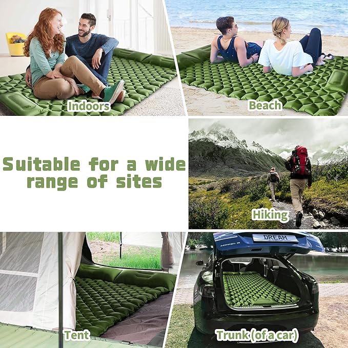 Double Sleeping Pad for Camping, 2 Person Ultralight Inflatable Sleeping Mat with Pillow and Built-in Foot Pump, Portable Camping Mattress for Tent, Backpacking, Hiking, Traveling（Green